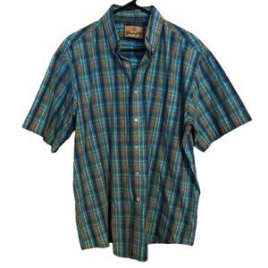 Wrangler‎ Western Rodeo Shirt Plaid Button Up Blue Short Sleeve Men's Large | g2